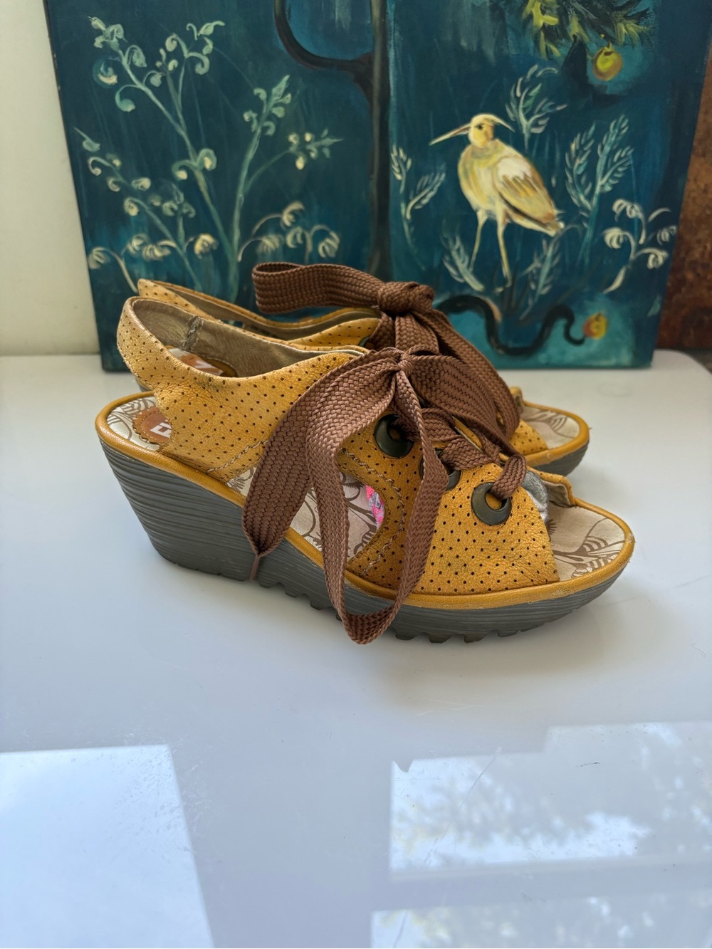 Fly London Yellow Perforated Wedge Sandals with Brown Laces